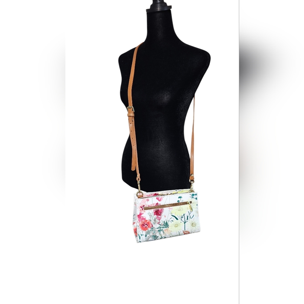 Valentina Floral Print Shoulder/Crossbody Bag with Brown /Dark Tan Strap - Picture 2 of 12